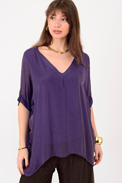 AYASOFYA OTANTIK Women's Italian Purple Plain Pattern V-Neck Silk Blouse