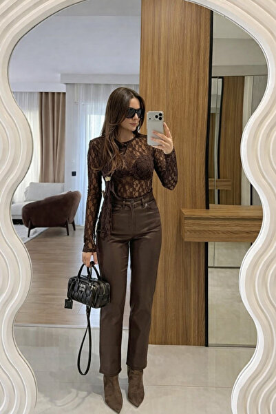 Ecenin Favorileri Sheer Lace Front Buckle Detail Brown Women's Blouse