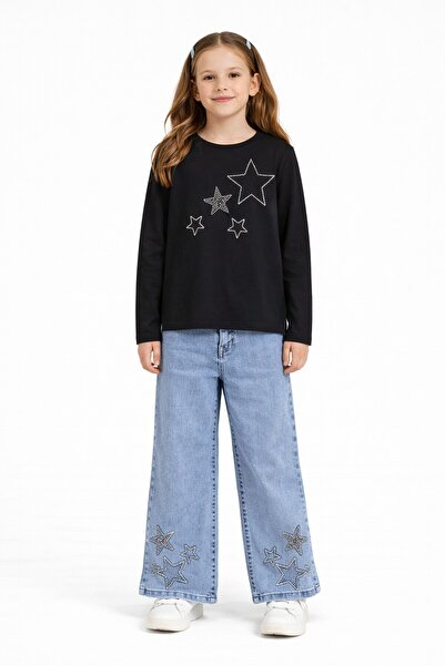Cansın Mini Black Star Embroidered Badili Jeans Pants Girls' 2-Piece Set 23741