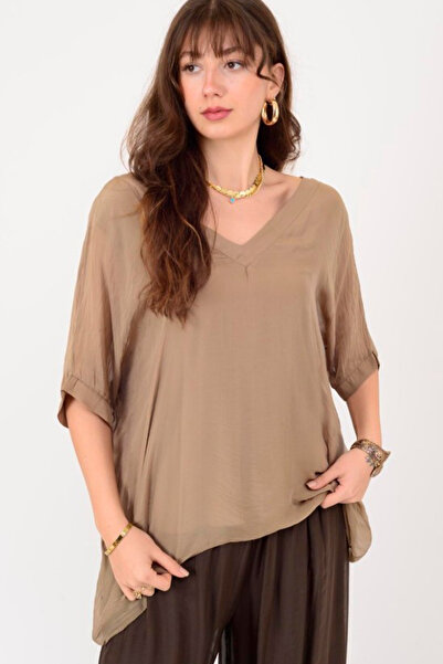 AYASOFYA OTANTIK Women's Italian Cappuccino Plain Pattern V-Neck Silk Blouse