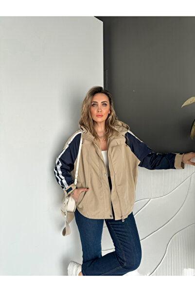 Zerrincan Giyim Bej Kolları Şeritli Kapşonlu Trençkot