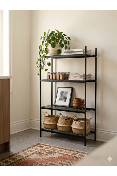 Minimal Home 4 Katlı Çok Amaçlı Siyah Metal Raf Ünitesi