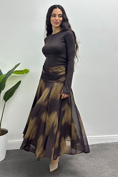 CurcunaShop İçi Astarlı Simli Desenli Şifon Uzun Etek