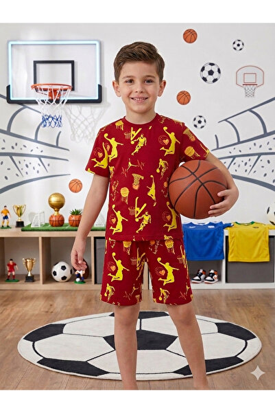 Aselin Kids Boy's Basketball Ball Patterned Summer Set with Shorts