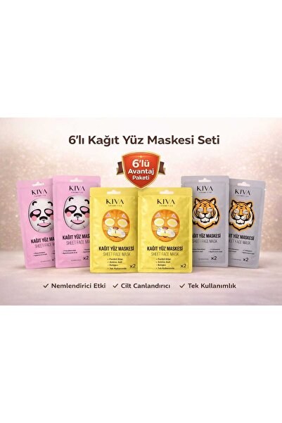Kiva 6’lı Kağıt Yüz Maskesi Seti Panda Kaplan Kedi Sheet Face Mask Cilt Bakım...