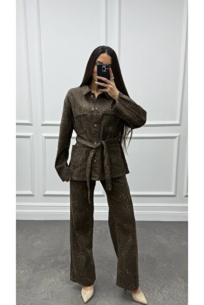 CurcunaShop Kadın Kuşaklı Önden 4 Cepli Leopar Ceket