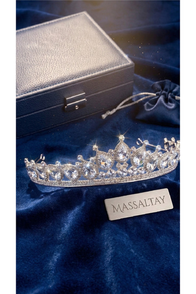 Massaltay تاج العروس من حجر الكريستال الفضي ذو مظهر الماس، إكسسوار شعر العروس...
