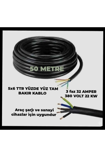 HES KABLO 5X6 TTR YÜZDE YÜZ TAM BAKIR KALIN KABLO (TRİFAZE ARAÇ ŞARJI İSTASYO...