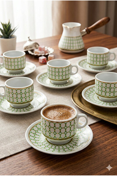 Homerest 6 Kişilik Yeşil Desenli Porselen Türk Kahvesi Fincan Takımı, 6 Kişil...