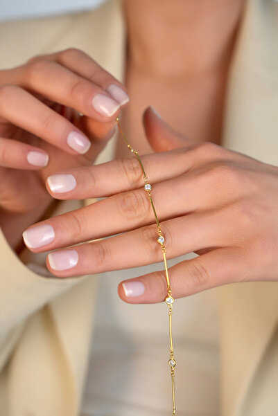 SUNSHINE 925 Ayar Gümüş ,Gold Yuvarlak Taşlı Çubuk Bileklik