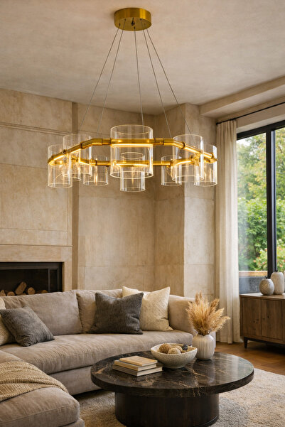 Vinner Modern Halka Cam Silindir Avize 70 cm Bronz Metal Gövde 8 Başlıklı Sal...