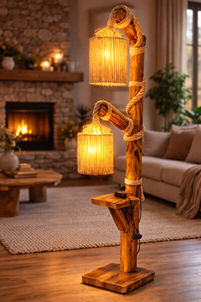 Mutluhan Desing Doğal Ahşap Halat Detaylı 2 Başlıklı Lambader Rustik Dekorati...