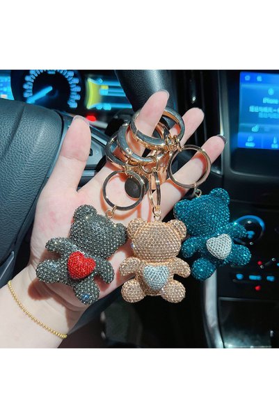 Generic Crystal Rhinestone Studded Premium Keychain - Teddy Bear with Heart