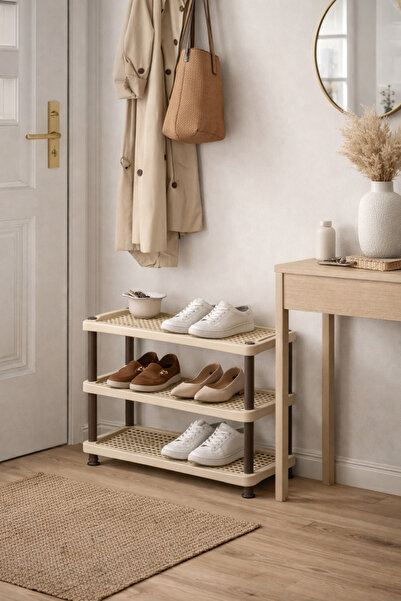 TrentonGCC 3 Tier Plastic Shoe Rack Organizer Beige Storage Shelf Entryway Ha...