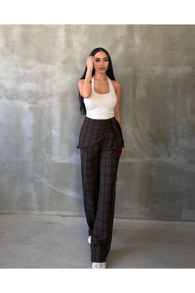 Ekim Store Brown Shawl Plaid Patterned Palazzo Pants