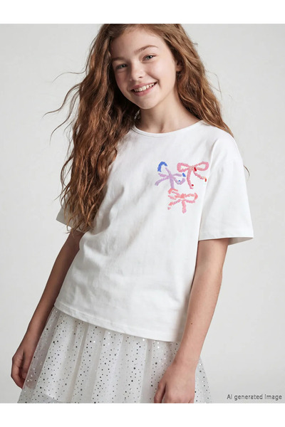 LC Waikiki Lcw Kids Ecru Sequin Embroidered Girls' T-Shirt
