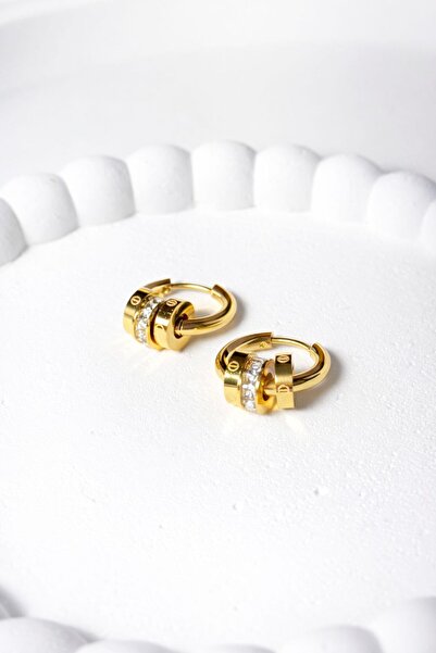 Çelik Taşlı Halka Küpe - Gold Renk Minimal Zirkon Taşlı Küpe