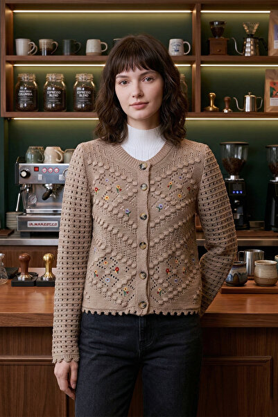 MODAQU Floral Embroidery Detailed Pompom Short Cardigan - Mink