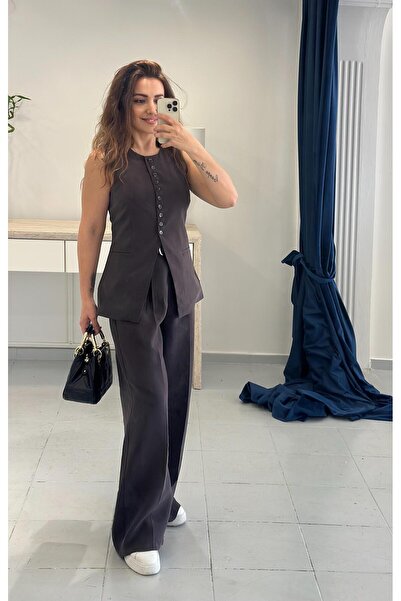 Derya Akyol Kadın Kahverengi Yelekli Palazzo Pantolon Takımı - Modern ve Şık ...