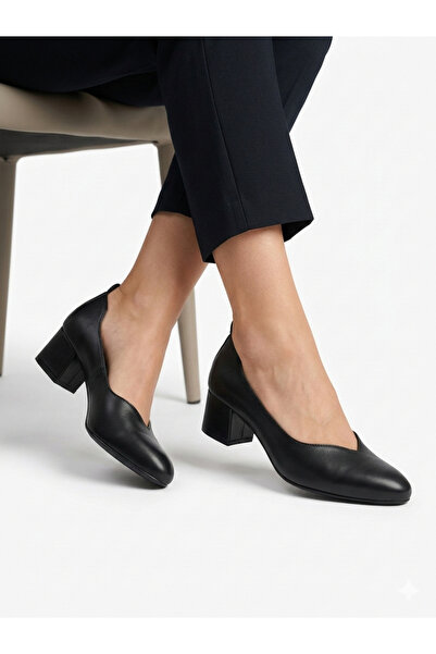 Tamdabu Ayakkabı Γνήσιο Δέρμα V-Cut Block Παπούτσι με τακούνι - Μαύρο