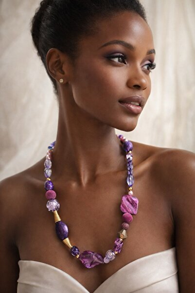 COCOSH TAKI Mor fuşya pembe ve gold detaylı uzun özel tasarım kolye