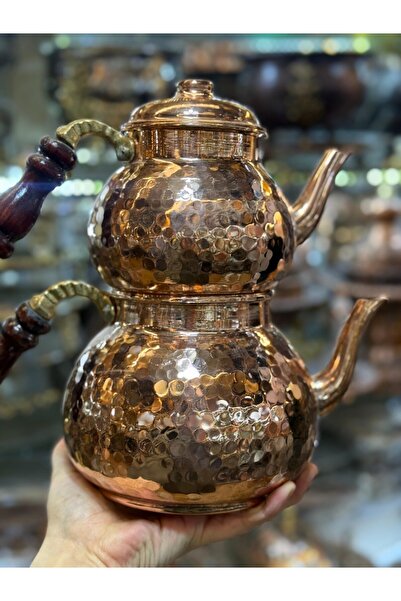 Maraş Bakırcılık - 3 Litre Kalın Bakır El Yapımı Çaydanlık – Dövme Desenli, I...