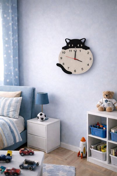 ArliaDesign Kedi Figürlü Ahşap Dekor Hediyelik Duvar Saati / 6 mm MDF