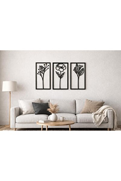 ArliaDesign Ahşap 3 Parçalı Dikdörtgen Şeklinde Çiçek Figürleri / Siyah Ahşap 3 mm MDF
