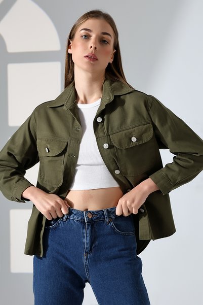 BLUE NATIONAL JEANS Women's Oversized Khaki Utility Shirt Jacket Double Pocketed Modern Style Bnj-654