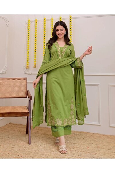 Generic Green Rose Threadwork Cotton Embroidered Kurta Set – 3 Piece Ethnic Suit
