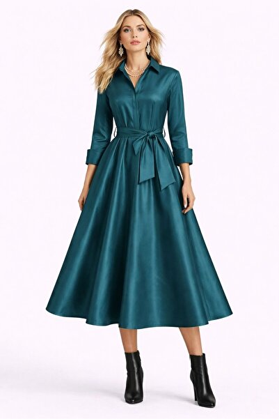 ALYEL NAKER Steel Blue Taffeta Midi Shirt Dress