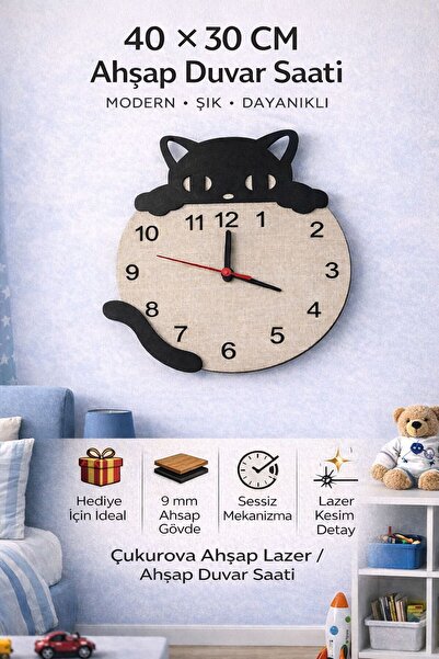 ArliaDesign Kedi Figürlü Ahşap Dekor Hediyelik Duvar Saati / 6 mm MDF
