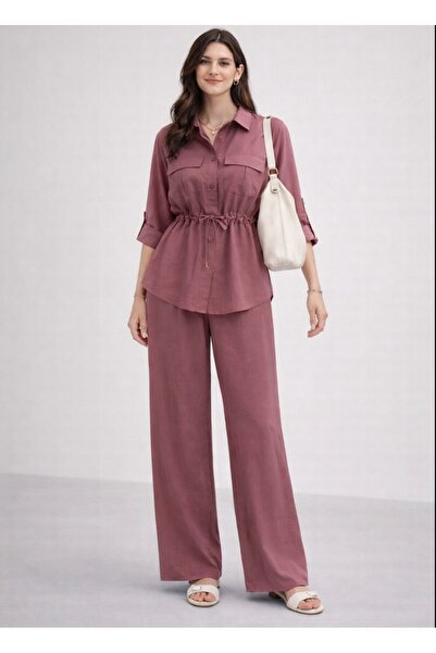 DİMA طقم قميص وبنطلون من القماش الناعم بتفاصيل دانتيل للنساء