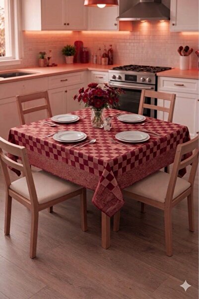 SUNDOKU HOME Damalı Kenar Bordürlü Masa Örtüsü 140x140 cm Sofra Bezi,