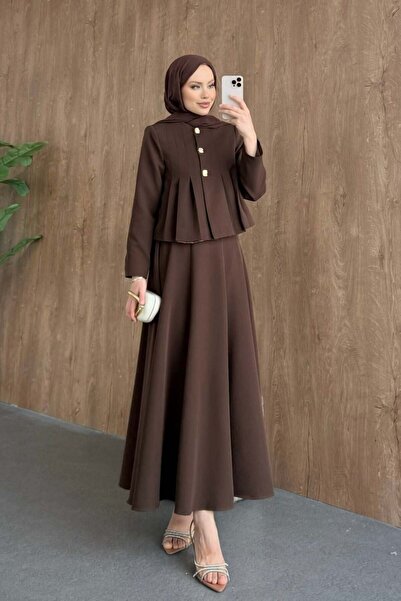 Şulemoda Giyim Σετ Φούστας με Λεπτομέρεια Πιλίζε σε Καφέ Χρώμα