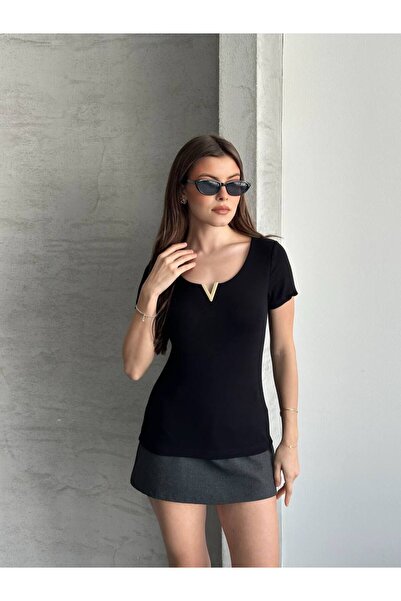 asur boutique Asur Butik Women's V Ironed Stretchy Fabric Short Sleeve Body