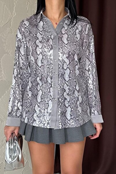 Hiccup Janes Snake Printed Long Sleeve Satin Blouse