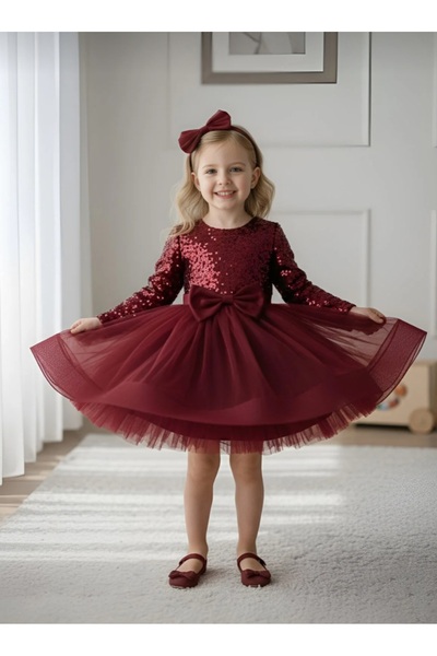 BEGONYA BEBECE KIDS Uzun kollu pullu kadife tokalı gten etekli abiye party ba...