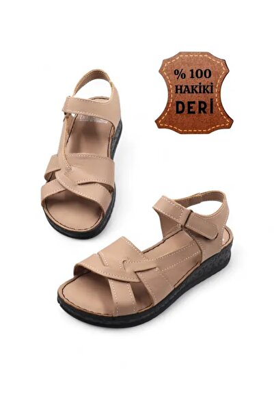 Scarpebutik Beige Women's Leather Orthopedic Sandals