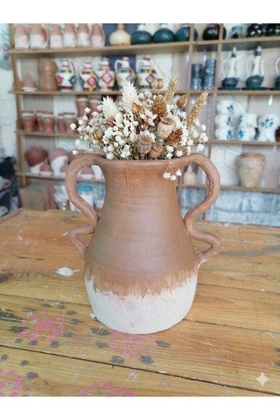 Atiz Çömlek evi El yapımı kıvrık kulplu kahve rengı vazo