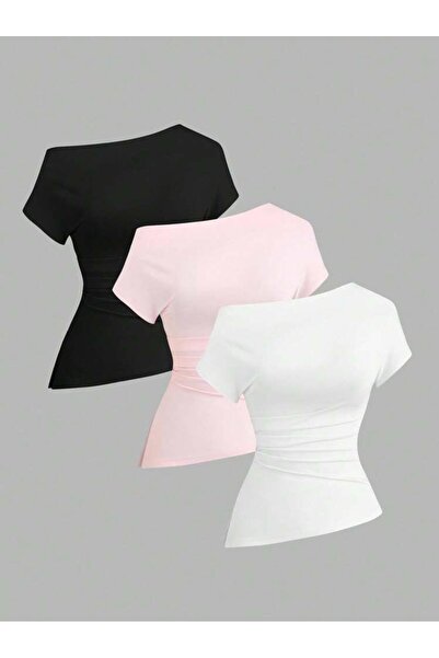 Machetta Women's Boat Neck Asymmetrical Cut 3-Pack Stretch Fabric T-Shirt Blouse