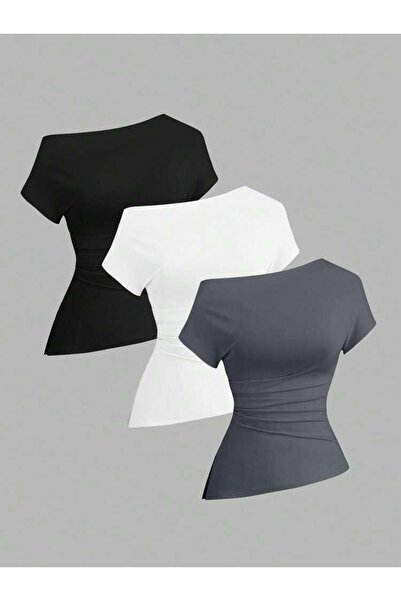 Machetta Women's Boat Neck Asymmetrical Cut 3-Pack Stretch Fabric T-Shirt Blouse