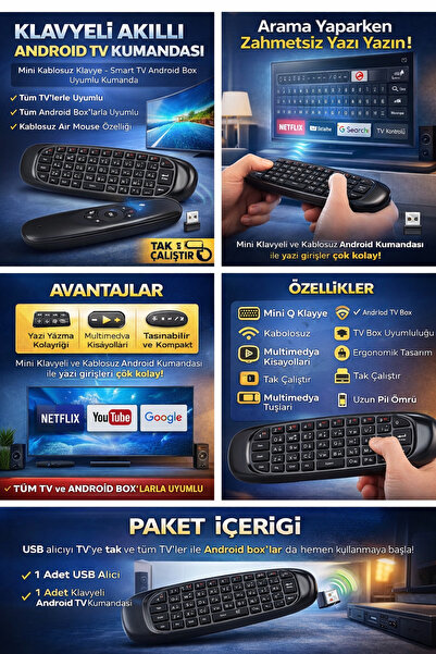 Bayırtech Klavyeli Akıllı Android TV Kumandası Mini Kablosuz Klavye Smart TV ...