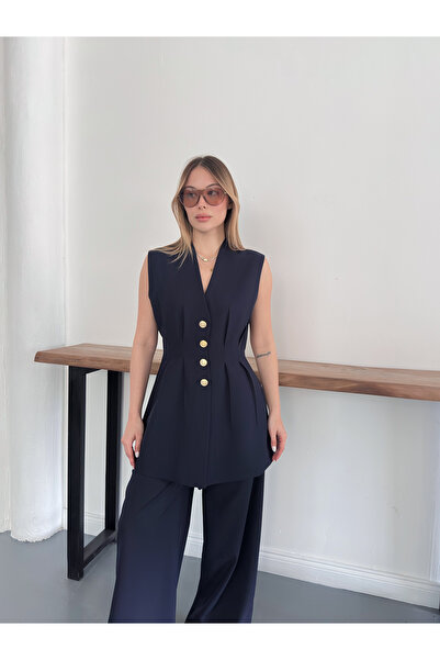 Ekim Store Gold Buttoned Vest Set Trouser Suit with Pencil Pants