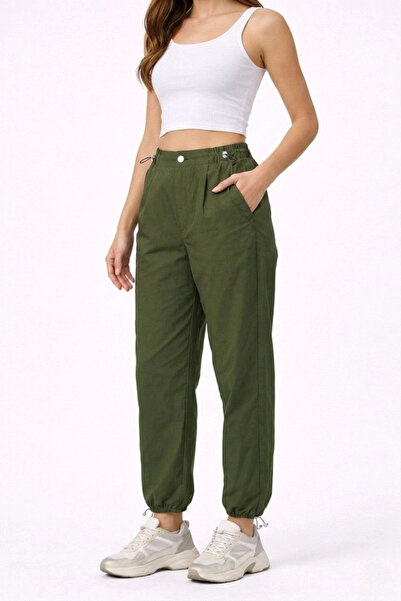 LUMİART Women's Parachute Fabric Pants with Adjustable Waist and Cuffs - Khaki