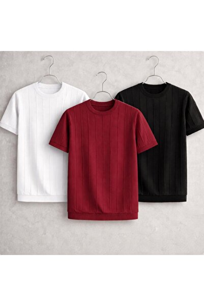 threeoff Men's Vertical Striped Knitwear T-Shirt Set of 3 – Summer Thin Knitt...
