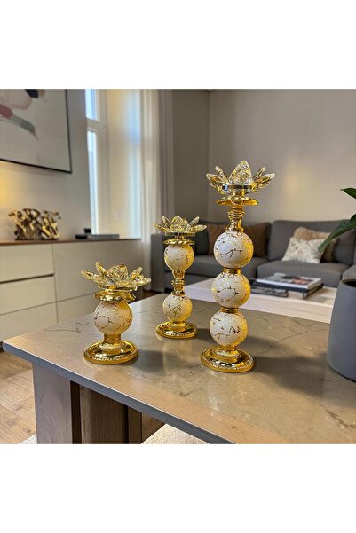 Sleep Nova Lotus Kristal Dekoratif Şamdan Mumluk Gold Beyaz Mermer Desenli Sa...