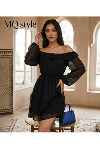 MQ Dotty Chiffon Off-Shoulder Dress – A Touch of Modern Elegance