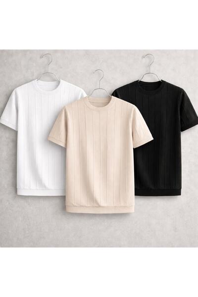 threeoff Men's Vertical Striped Knitwear T-Shirt Set of 3 – Summer Thin Knitt...