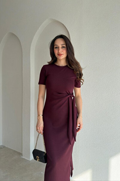 MOZENA Crew Neck Tie Detail Side Slit Midi Modal Dress